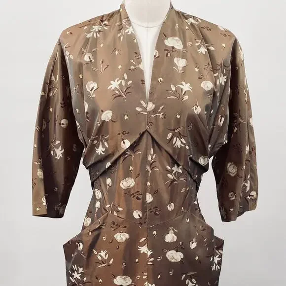 Vintage 40s 50s Floral Satin Sheath Dress V Neck Pockets Cinched Waist Brown 10 - Picture 3 of 12
